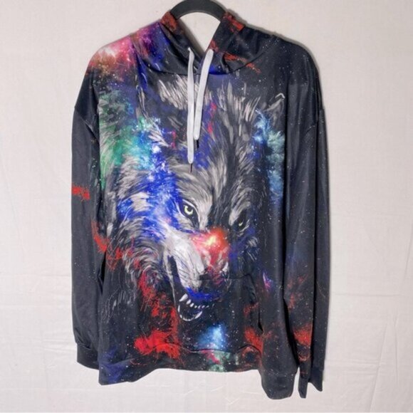Black Red Multicolour Wolf Galaxy Hoodie XL - Picture 15 of 15